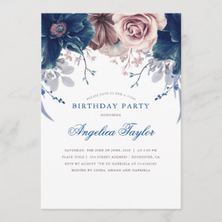 Geburtstagsparty von Navy Blue und Mauve Floral Einladung