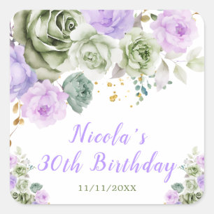 Geburtstagsparty von Sage Green und Lila Floral Quadratischer Aufkleber