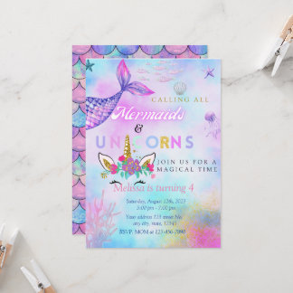 Geburtstagsparty von Twin/Girl Mermaid & Unicorn Einladung