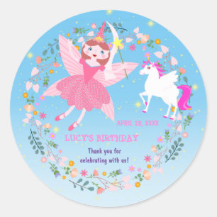 Geburtstagsparty von Unicorn und Fairy Magic Runder Aufkleber