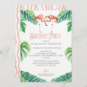 Geburtstagsparty Watercolor Pink Flamingo Blätter Einladung
