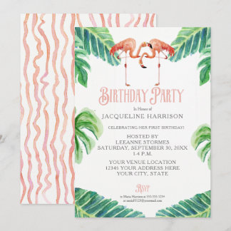 Geburtstagsparty Watercolor Pink Flamingo Blätter Einladung