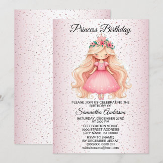 Geburtstagsparty Watercolor Pink Princess Niedlich Einladung