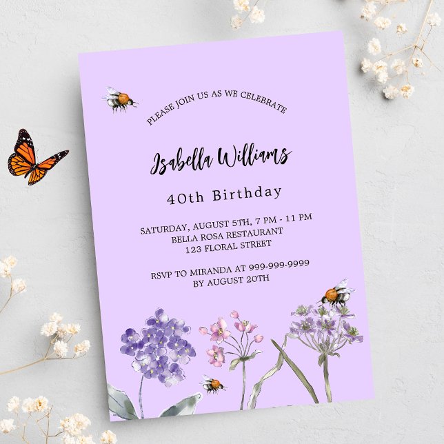 Geburtstagsparty Wildblumen violett rosa Bienenlux Einladung (Von Creator hochgeladen)