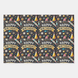 Geburtstagsparty Wrapping Paper Flat Sheet Set 3 Geschenkpapier Set