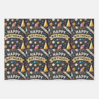 Geburtstagsparty Wrapping Paper Flat Sheet Set 3 Geschenkpapier Set