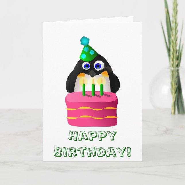 Geburtstagspinguin mit Kuchen Karte (Vorderseite)