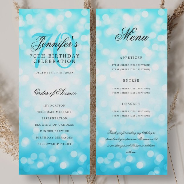 Geburtstagsprogramm Turquoise Bokeh Menü Einladung (70th Birthday Program Turquoise Bokeh Menu)