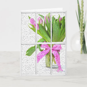 Geburtstagsregen an Fenstern mit Tulpen Karte