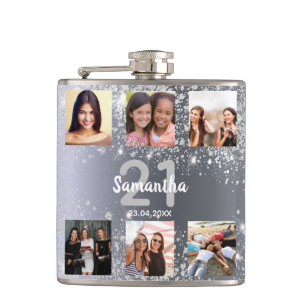 Geburtstagssilber Glitzer Foto Collage Name Flachmann