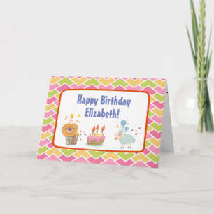 Geburtstagstorte mit Party-Löwe und Ballonschaf Karte