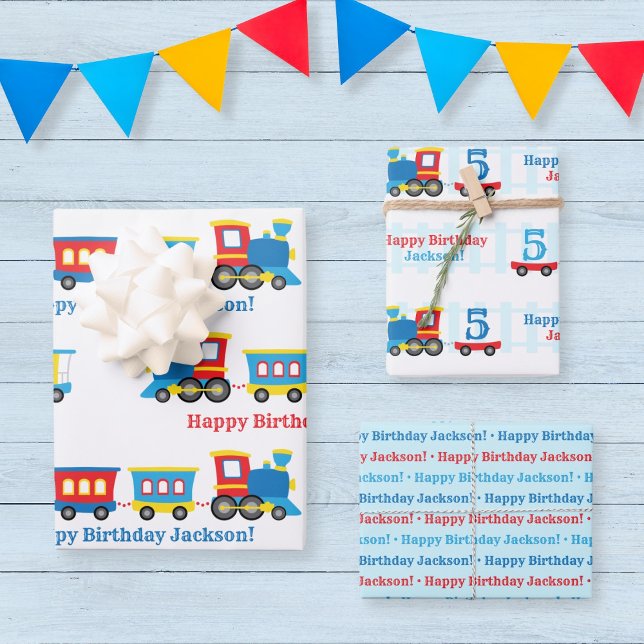 Geburtstagszug Geschenkpapier Set (Customizable train wrapping paper with a cute train in primary colors)