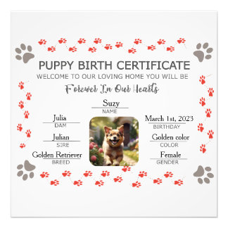 Geburtsurkunde für Puppy Fotodruck