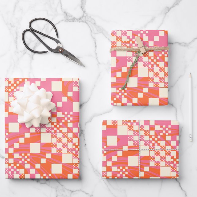 Gecheckt, Karos - Rosa, Orange und Creme Geschenkpapier Set (Vorderseite)