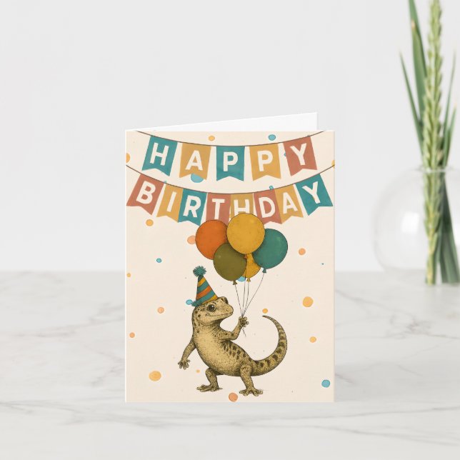 Gecko Birthday Card - Funny Reptile with Balloons Karte (Vorderseite)