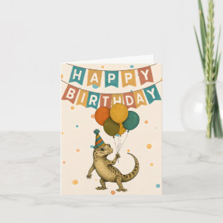 Gecko Birthday Card - Funny Reptile with Balloons Karte