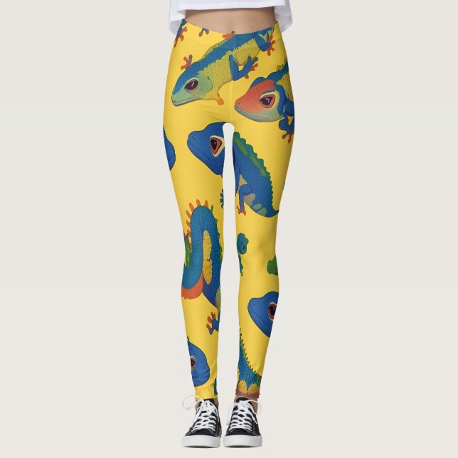 Gecko Blue Retro Personalisiertes Muster Leggings (Vorderseite)