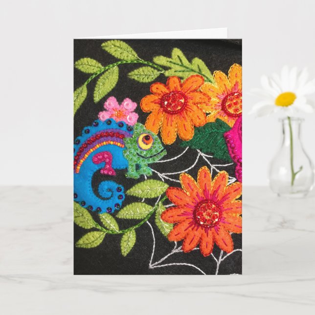 Gecko Eidechse gestickte Filzperlen Pailletten Karte (Kleine Pflanze)