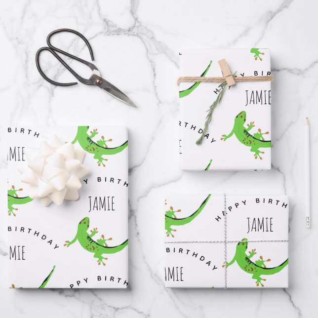 Gecko Lizard Reptile Birthday Individuelle Name Geschenkpapier Set (Vorderseite)