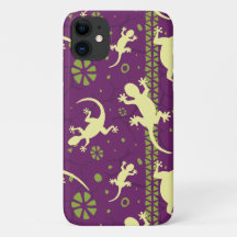 Gecko Lizards Ethnic Lila Green Pattern