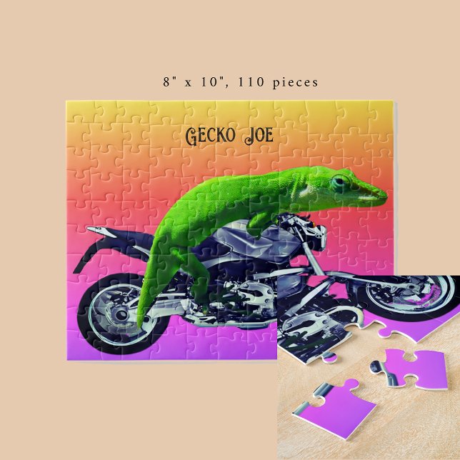Gecko Motorrad-Fahrer rosa Horizont Name 8x10 hinz Puzzle (Gecko Motorcycle Rider Pink Horizon Add Name 8x10 Jigsaw Puzzle)