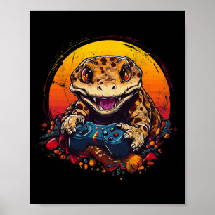 Gecko Playing Video Game Lizard & amp; Reptiles Ga Poster