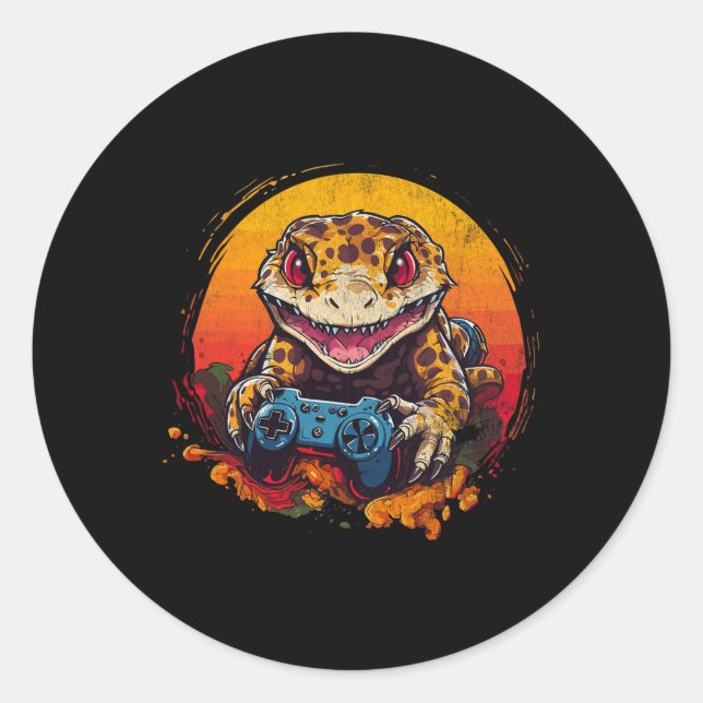 Gecko Playing Video Game Lizard & amp; Reptiles Ga Runder Aufkleber (Vorderseite)