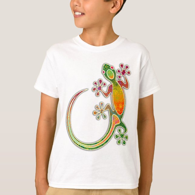 Gecko-Stammes- mit Blumenkunst T-Shirt (Vorderseite)