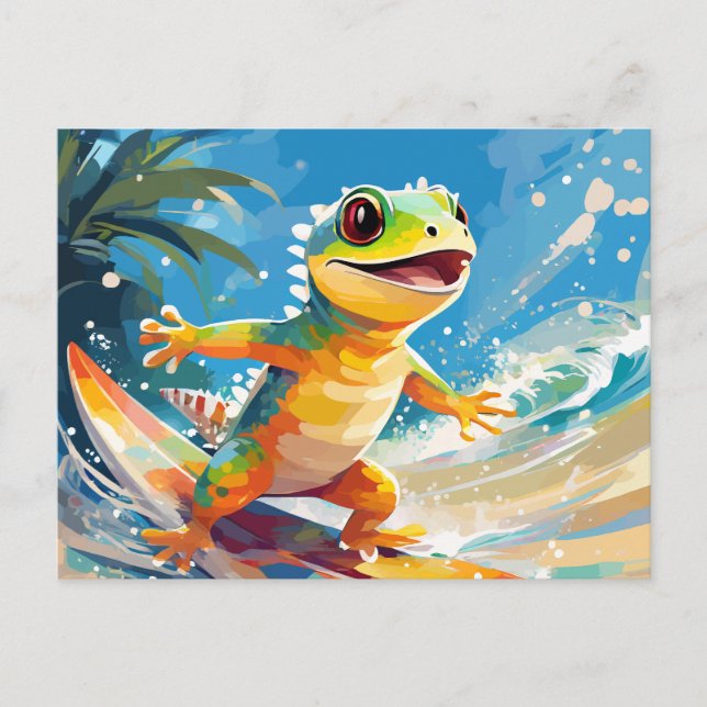 Gecko surfen und die Wellen reiten Postkarte (Vorderseite)