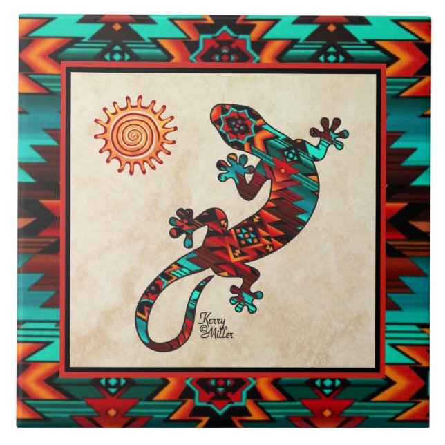 Gecko und Sun Keramik Tile Fliese (Vorderseite)