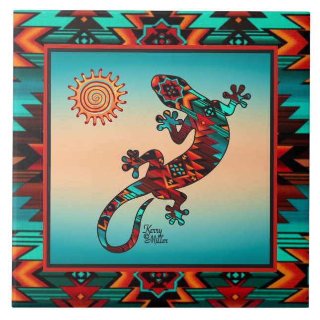 Gecko und Sun Keramik Tile Fliese (Vorderseite)