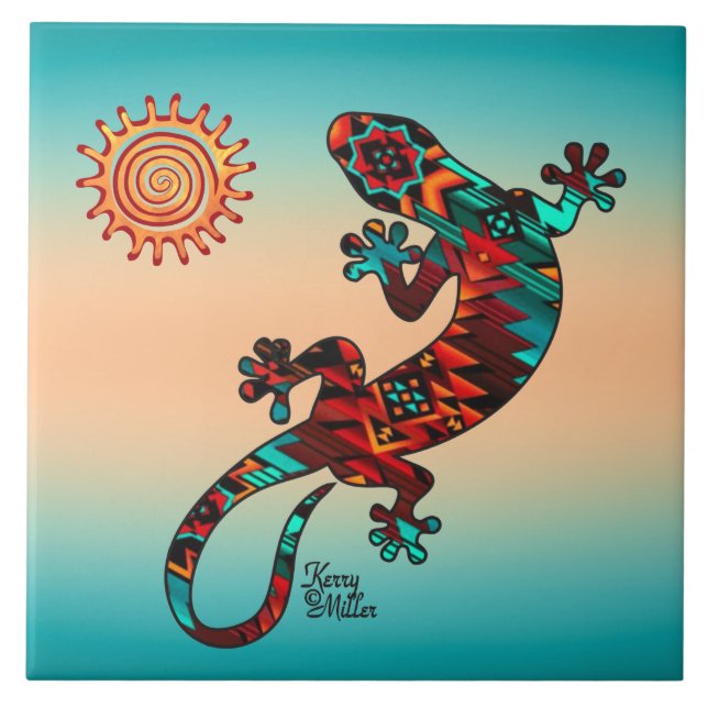 Gecko und Sun Keramik Tile Fliese (Vorderseite)