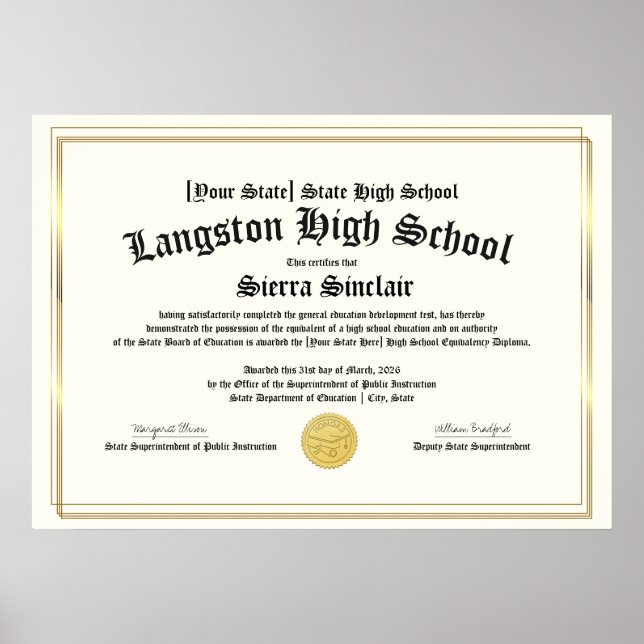 GED General High School Equivalency Diploma Copy Poster (Vorne)