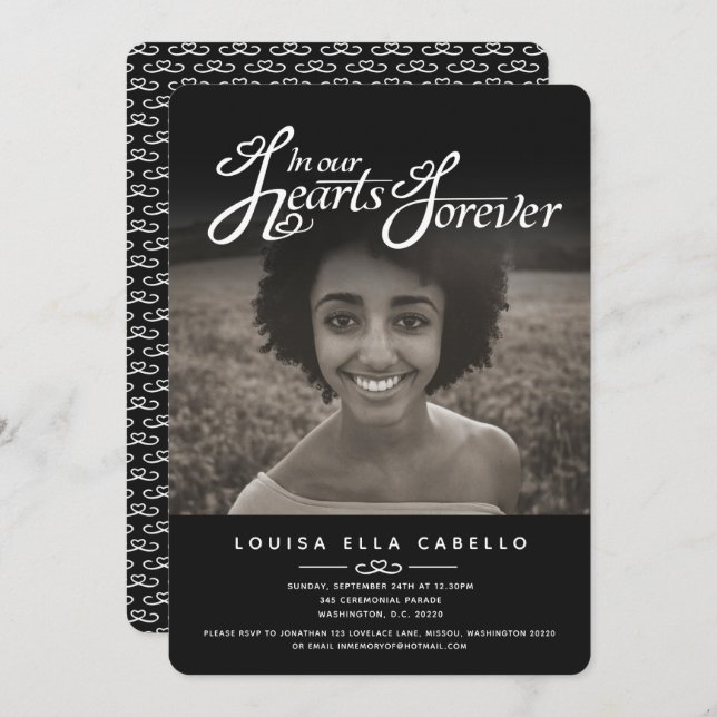 Gedächtnis im Herzen Foto Beerdigung schwarze Einl Einladung (Vorne/Hinten)