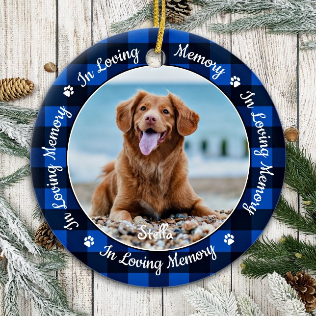 Gedächtnisblaue Karierte Hunde-Foto-Memorial Keramik Ornament (Von Creator hochgeladen)