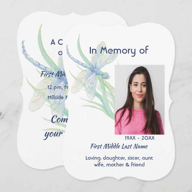 Gedächtnisdienst Einladung Dragonfly Wasserfarben  (Vorne/Hinten)