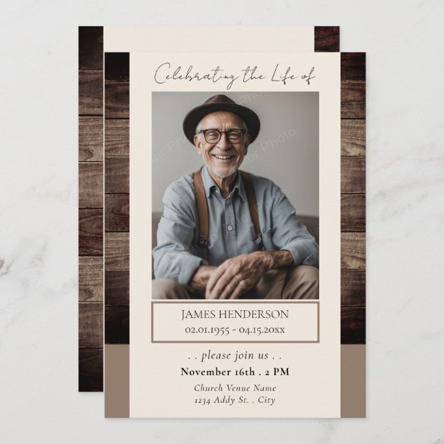 Gedächtnisfloral Rusitc Holz Foto Beerdigung Einladung (Vorne/Hinten)