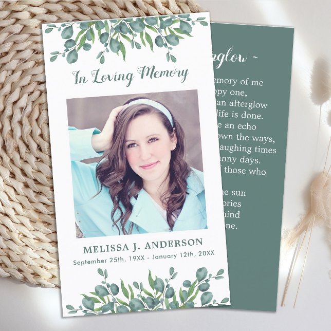 Gedächtniskarte Beerdigung Eukalyptus Botanisch Telefonnummerkarte (Von Creator hochgeladen)