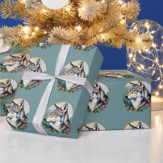 Gedämpfte blaue Volkskunst-Wolf-Geschenkpapierroll Geschenkpapier (Feiertage)