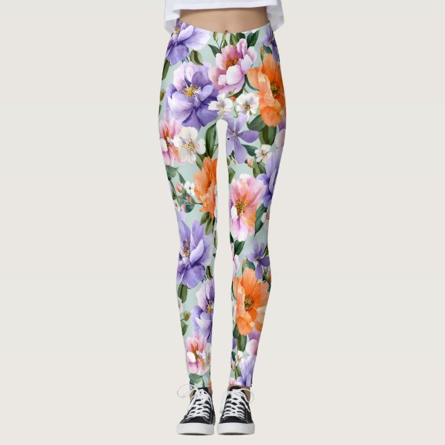 Gedämpfte bunte Blumen Boho-Blüte  Leggings (Vorderseite)