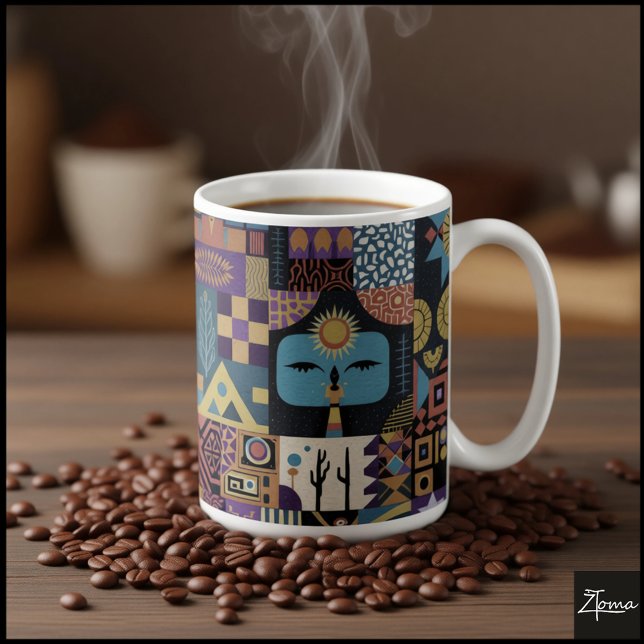 Gedämpfte erdige Folk-Art-Patchworkdecke Kaffeetasse (Von Creator hochgeladen)