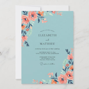 Gedämpfte Korallen-Aquablüten-Hochzeit Einladung