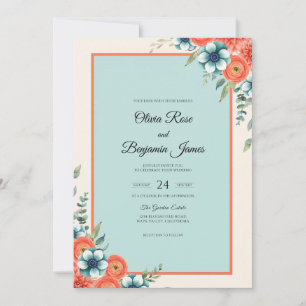 Gedämpfte Korallen-Aquamarin-Anemonen-Hochzeit Einladung