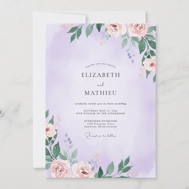 Gedämpfte Lavendel-Malblatt-Hochzeit Einladung (Vorderseite)