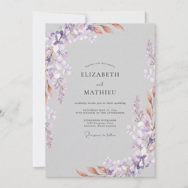 Gedämpfte Lila Graue Blätterhochzeit Einladung (Vorderseite)