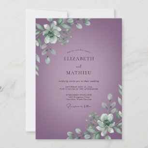Gedämpfte lila Hochzeit mit Blättern Einladung