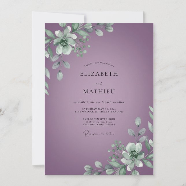 Gedämpfte lila Hochzeit mit Blättern Einladung (Vorderseite)