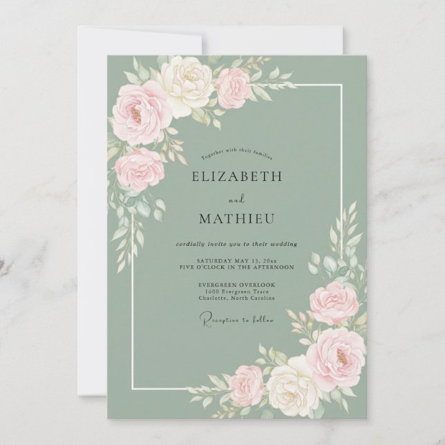 Gedämpfte Olive Peony Hochzeit Einladung (Vorderseite)