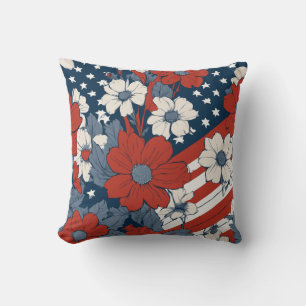 Gedämpfte Pastell-Amerikanische Flagge und Blumen Kissen