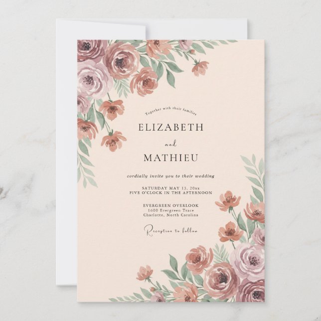 Gedämpfte Rose Wasserfarbe Hochzeit Einladung (Vorderseite)